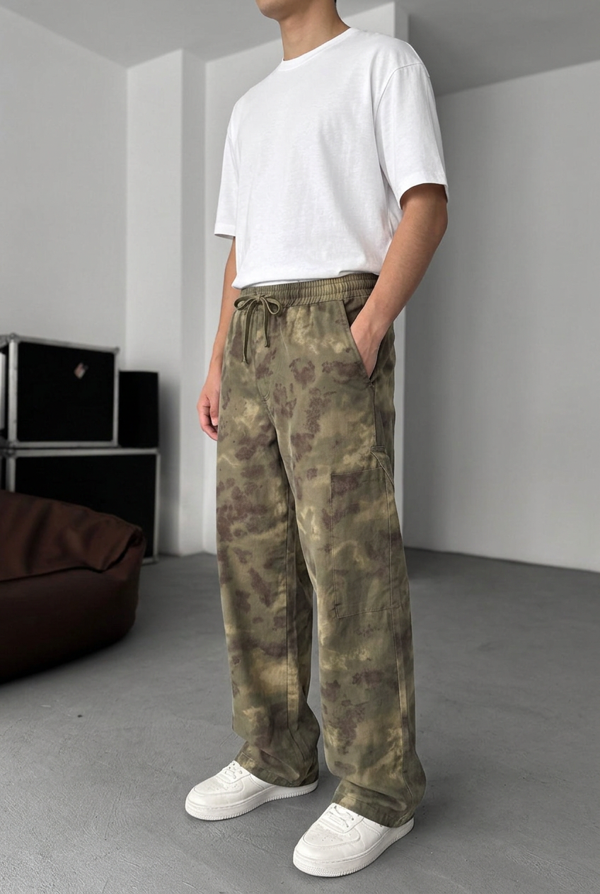 Baggy Camo Cargo Trousers – Dark Khaki