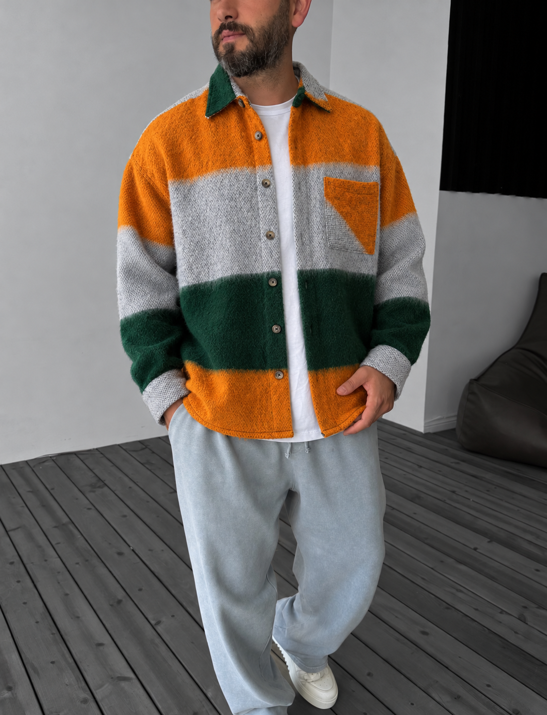 Colorblock Shirt with Pocket – Orange