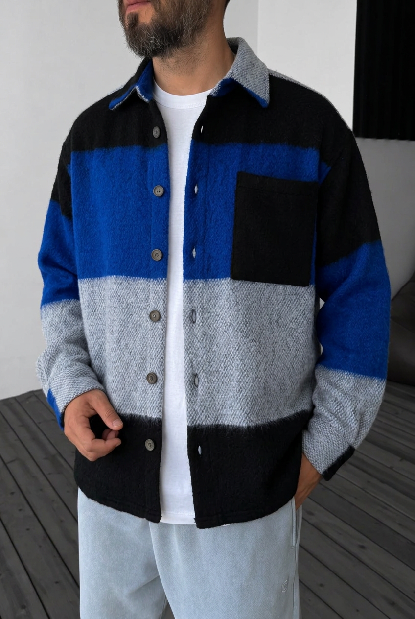 Colorblock Shirt with Pocket – Blue