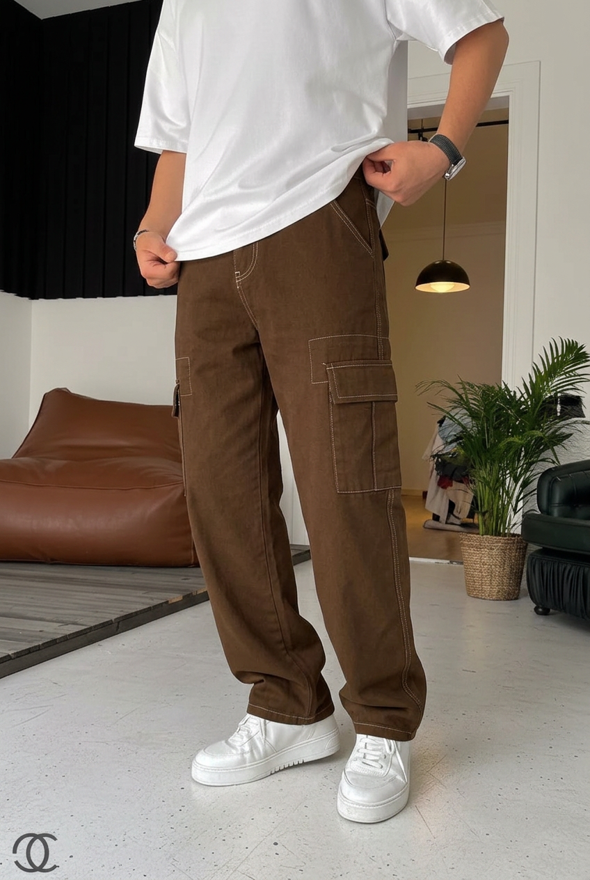 Baggy Cargo Jeans with Seam Details – Brown