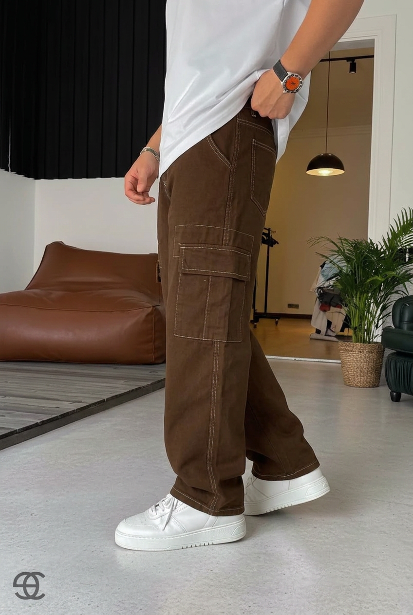Baggy Cargo Jeans with Seam Details – Brown