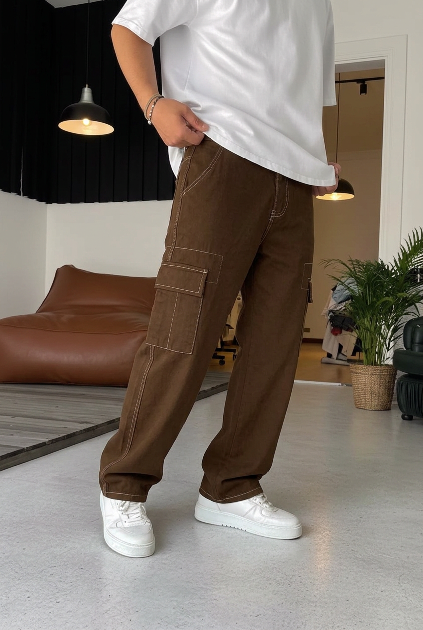 Baggy Cargo Jeans with Seam Details – Brown