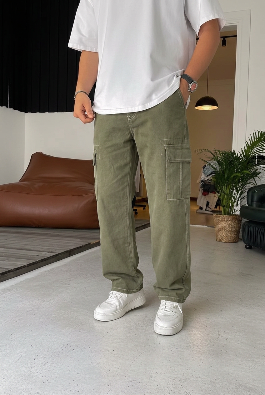 Baggy Cargo Jeans with Seam Details – Khaki