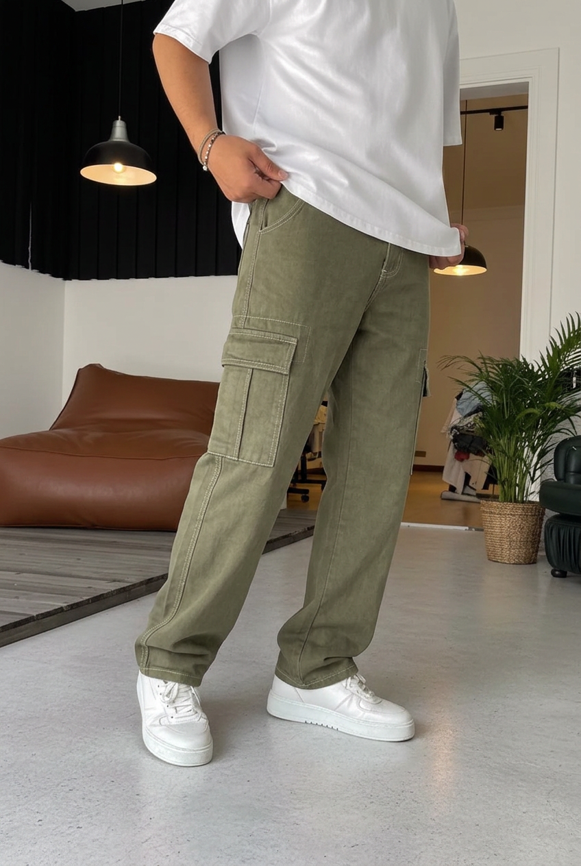Baggy Cargo Jeans with Seam Details – Khaki