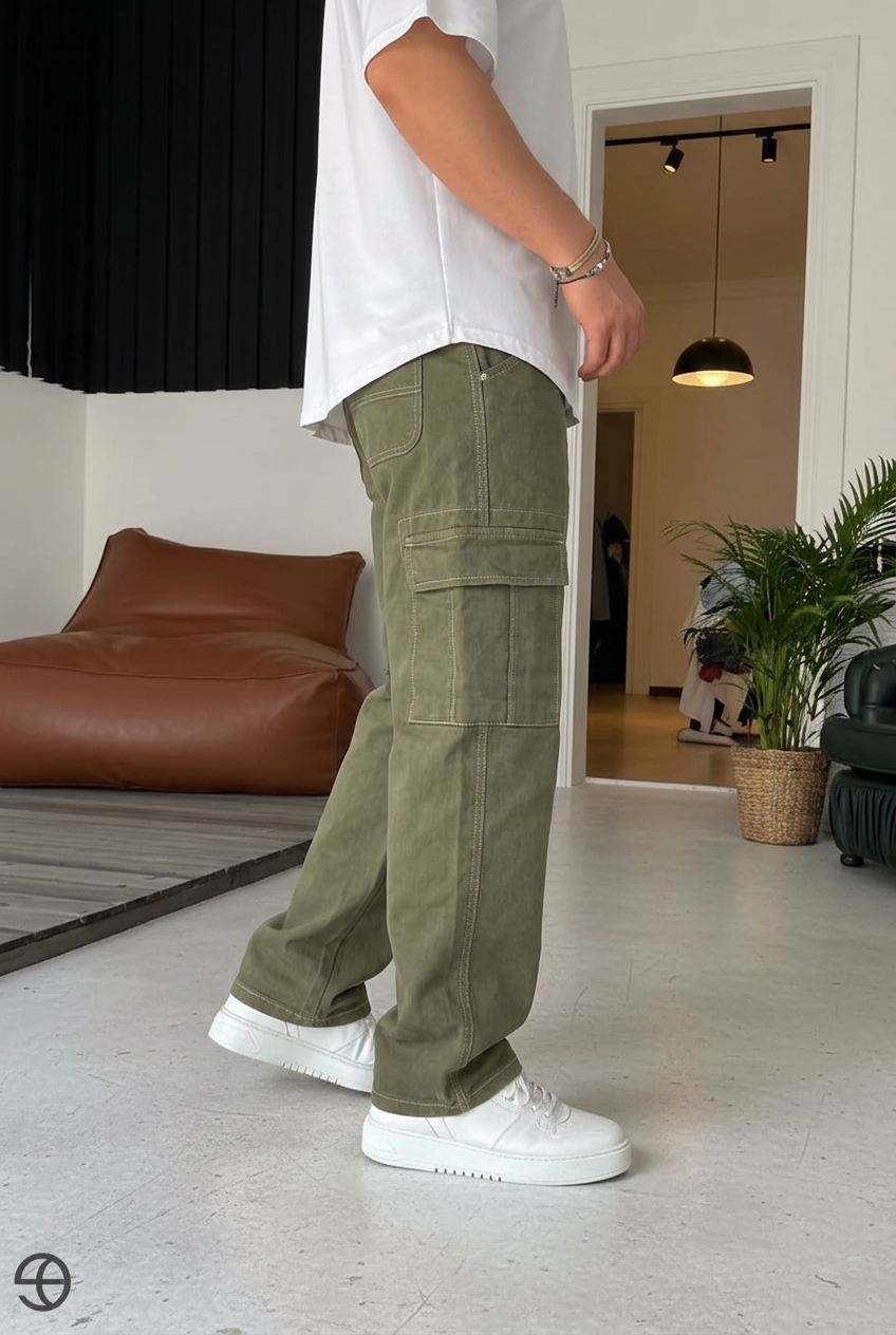 Baggy Cargo Jeans with Seam Details – Khaki