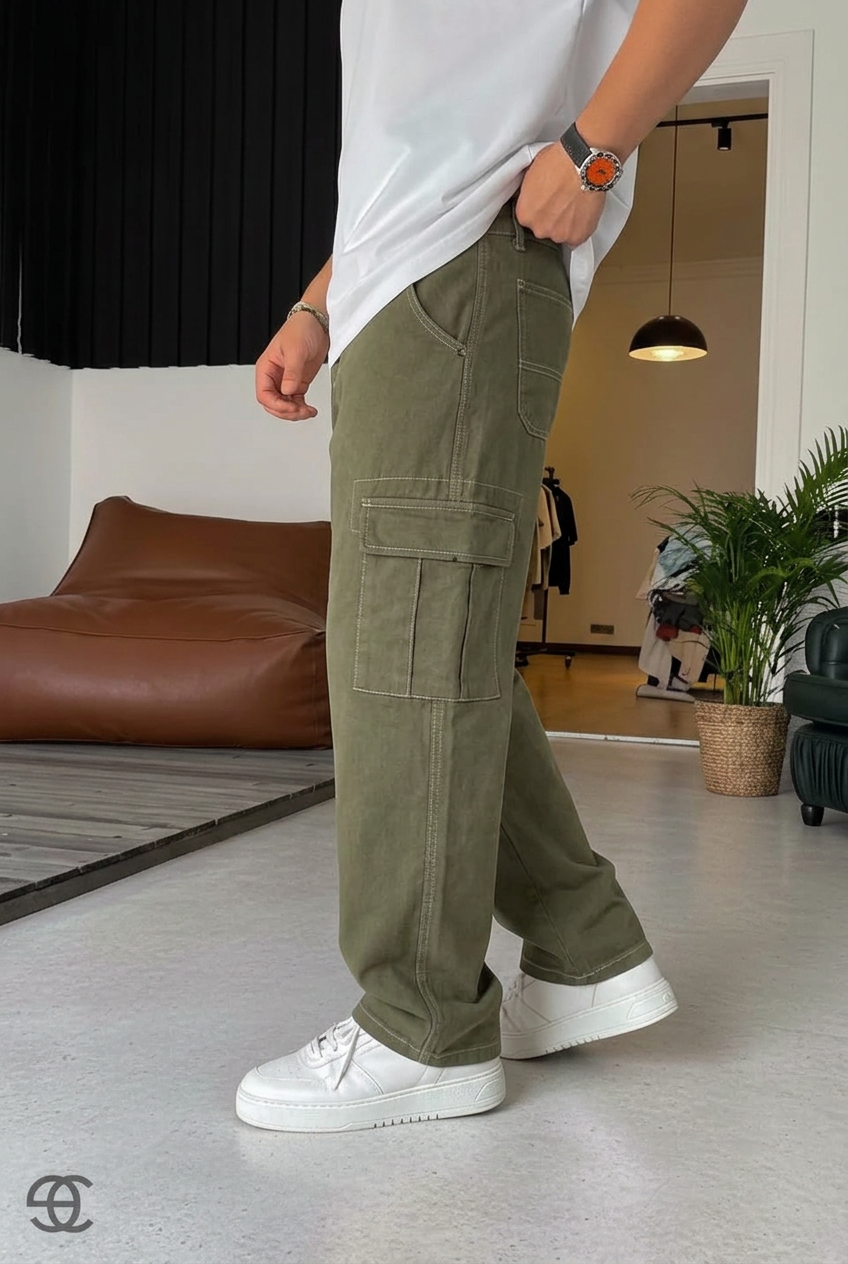 Baggy Cargo Jeans with Seam Details – Khaki