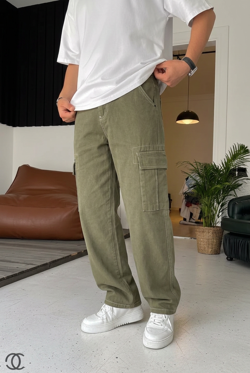 Baggy Cargo Jeans with Seam Details – Khaki
