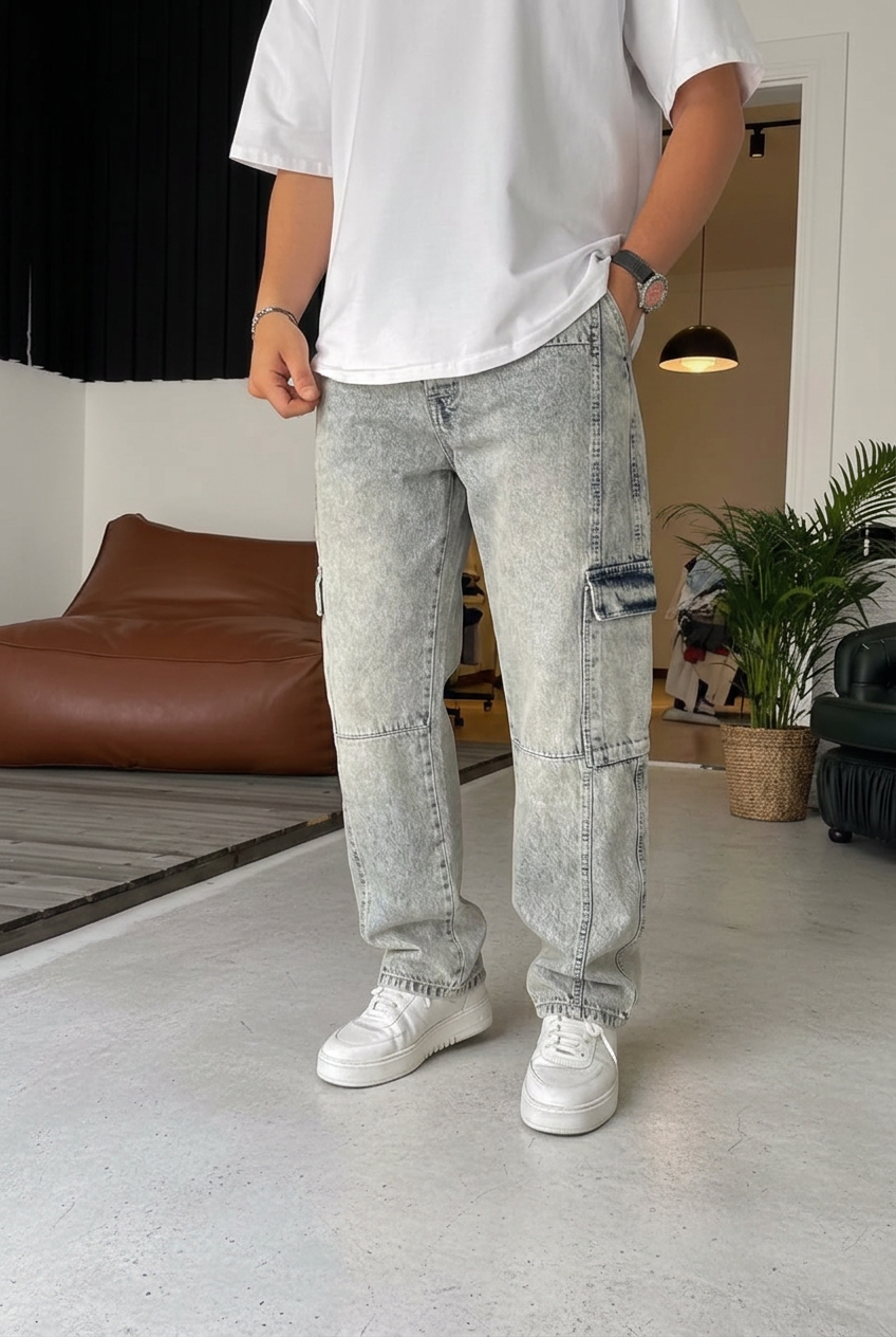 Cargo Acid-Wash Studio Jeans – Washed Sky Blue