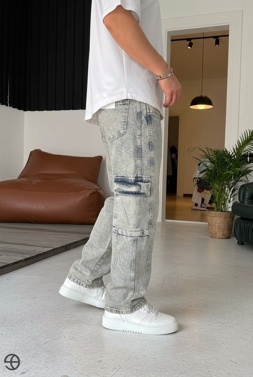 Cargo Acid-Wash Studio Jeans – Washed Sky Blue