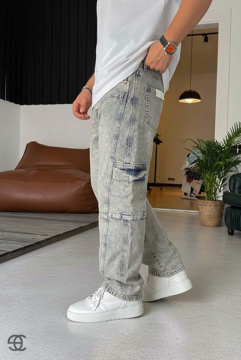 Cargo Acid-Wash Studio Jeans – Washed Sky Blue