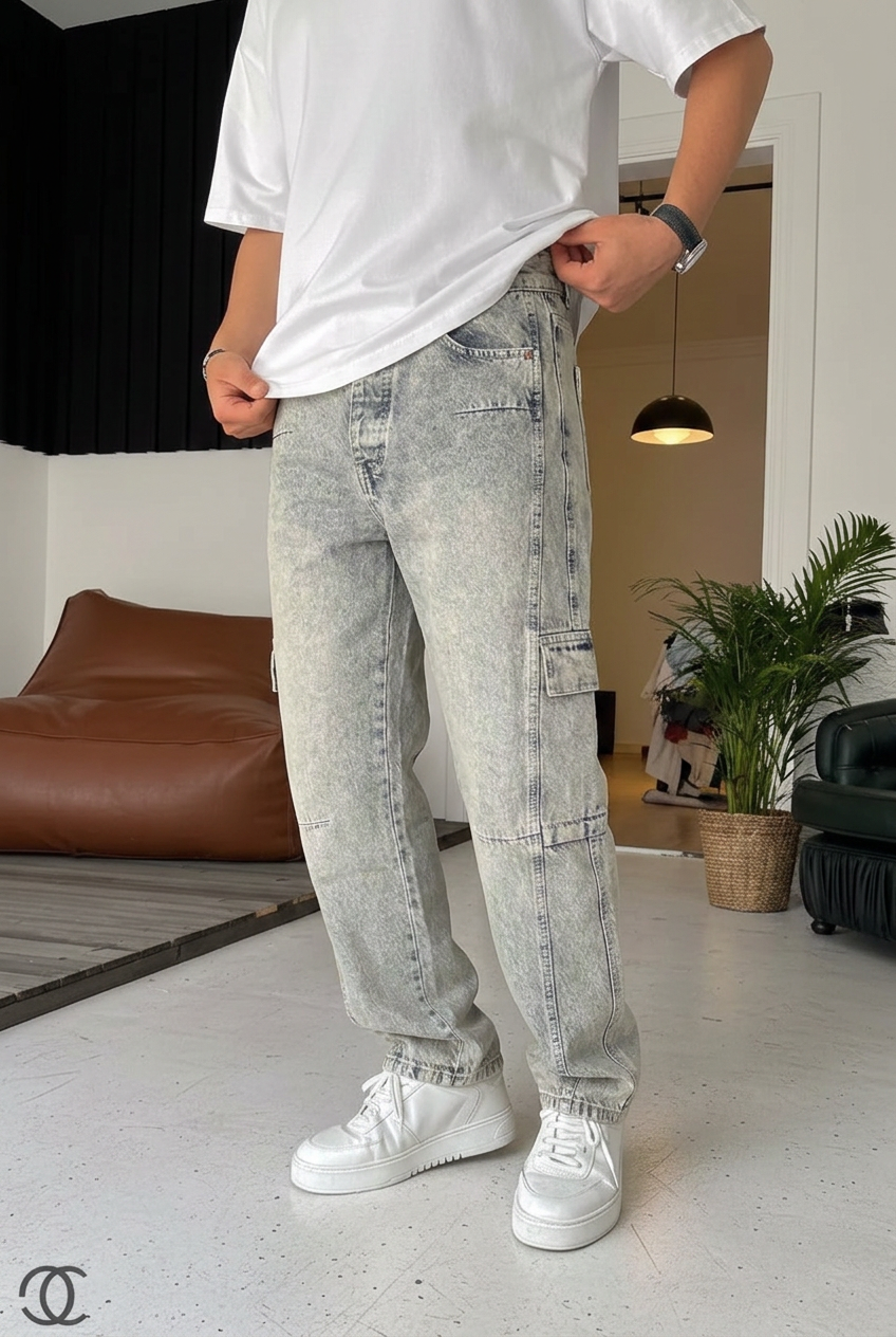 Cargo Acid-Wash Studio Jeans – Washed Sky Blue