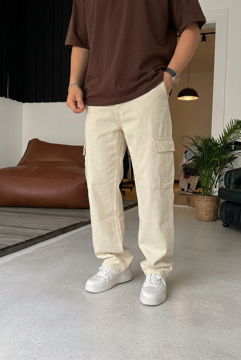 Baggy Cargo Trousers – Ecru