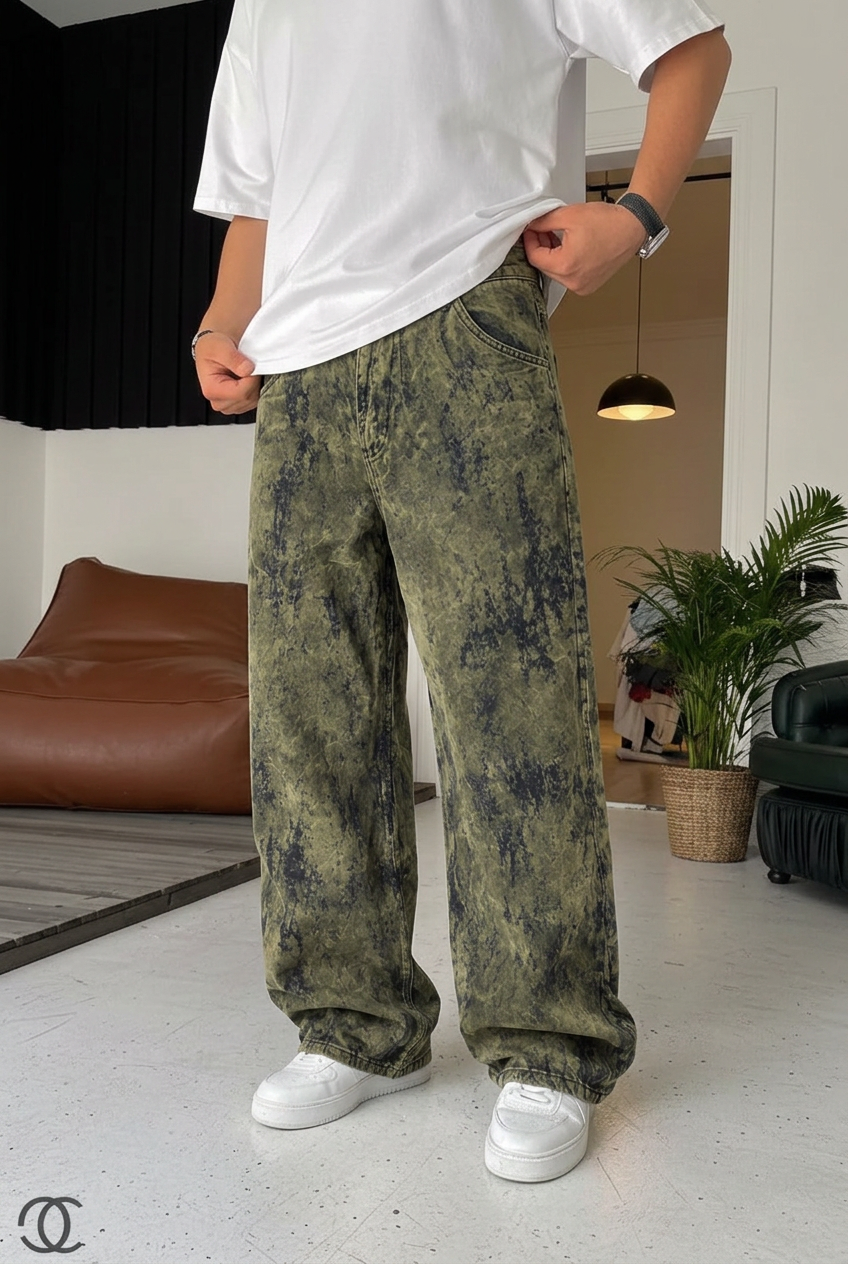 Old School Extra Baggy Denim/Velvet Trousers with Fraying Effect – Khaki