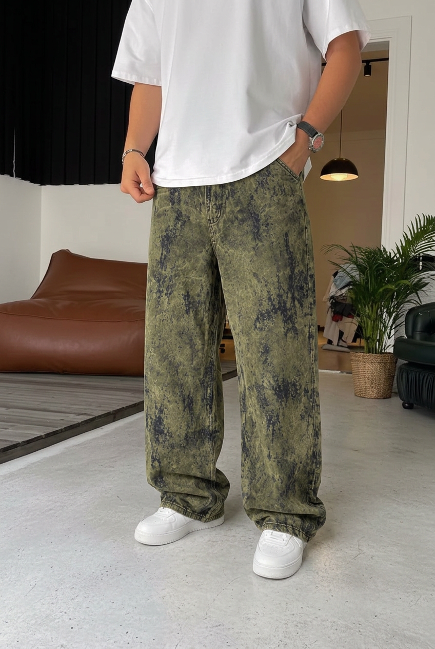 Old School Extra Baggy Denim/Velvet Trousers with Fraying Effect – Khaki