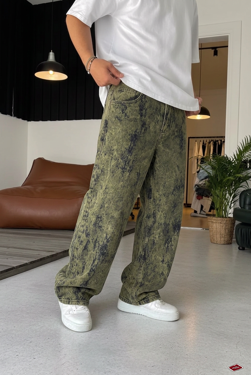 Old School Extra Baggy Denim/Velvet Trousers with Fraying Effect – Khaki