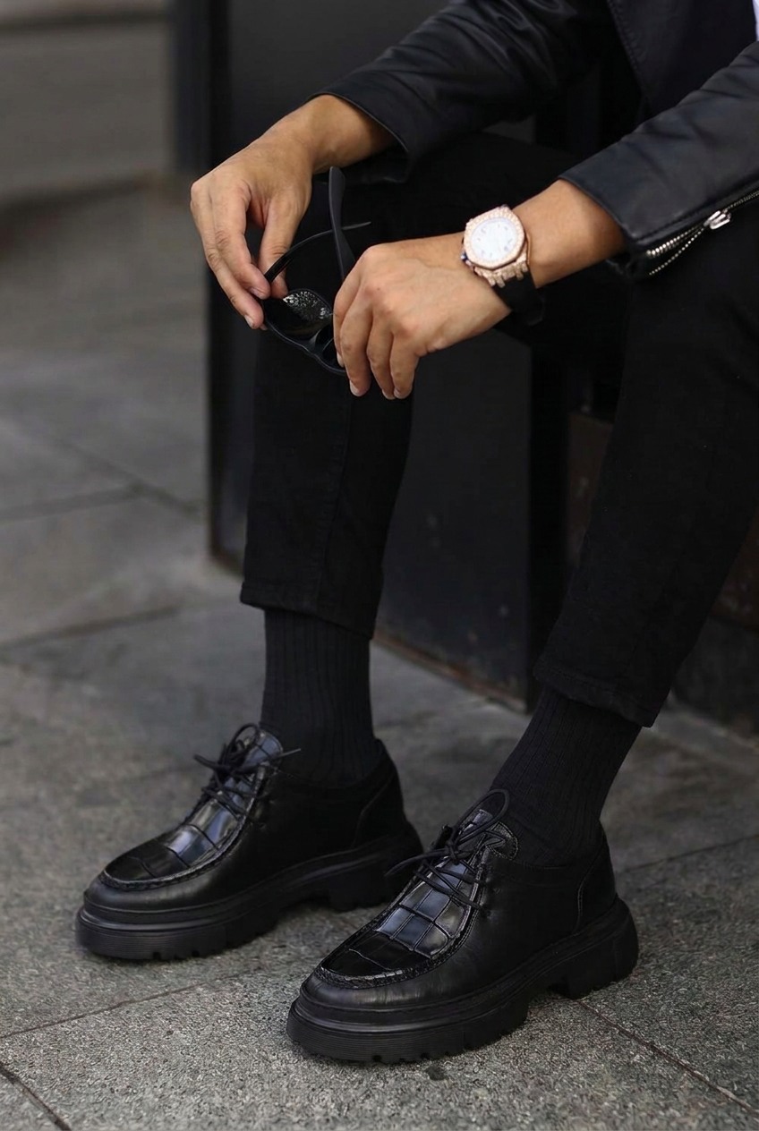 Leather Loafers with Embossed Croco Texture – Black