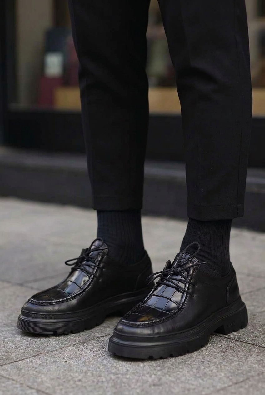 Leather Loafers with Embossed Croco Texture – Black