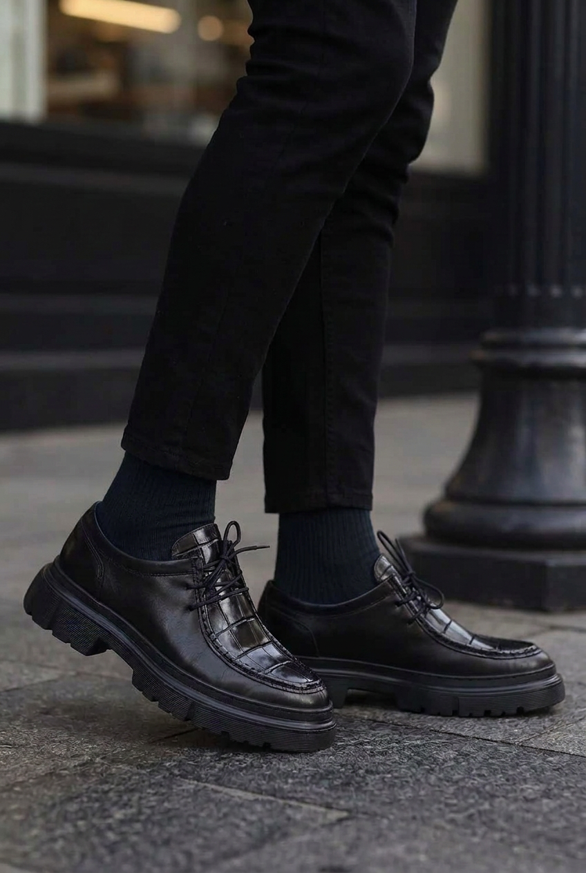 Leather Loafers with Embossed Croco Texture – Black