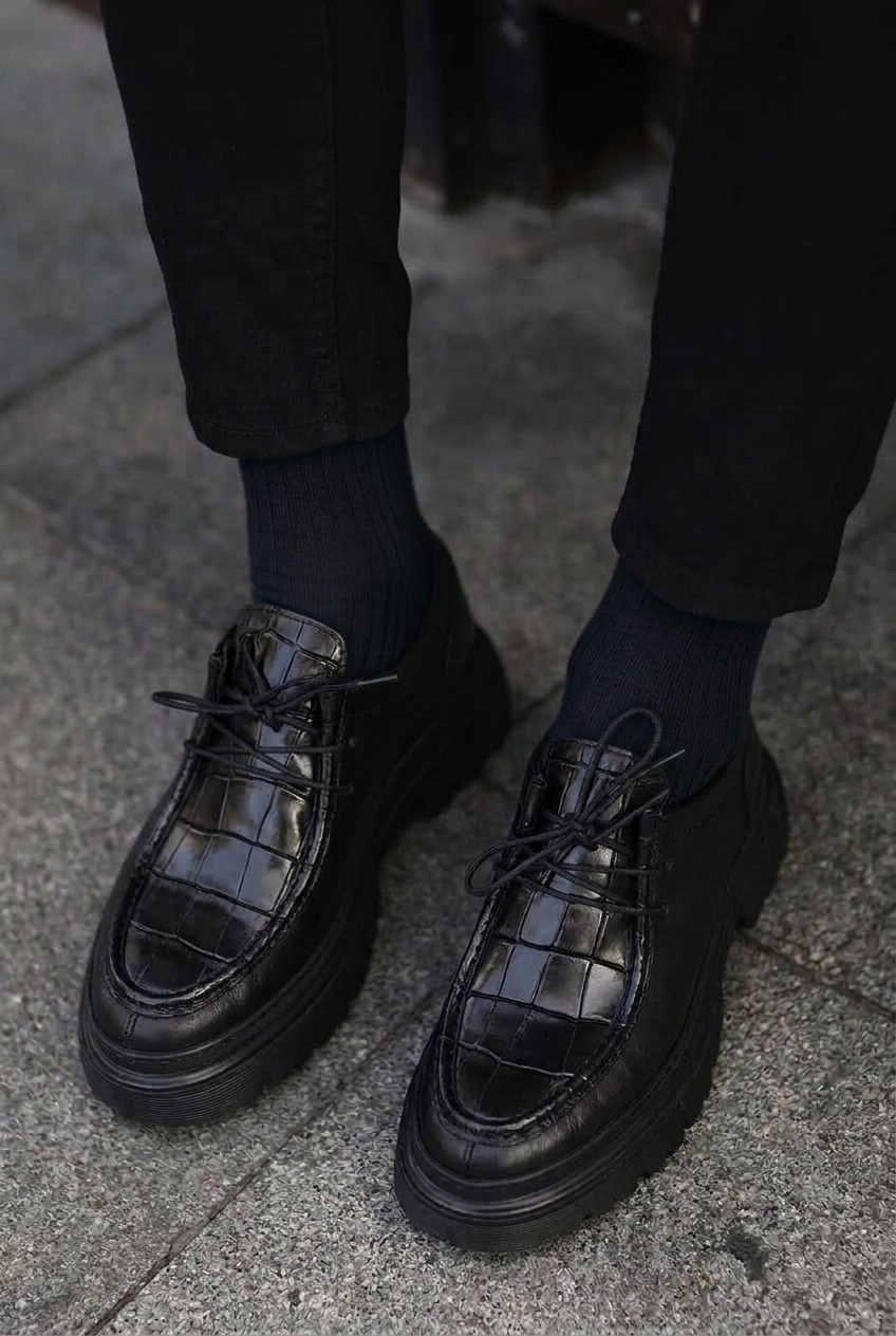 Leather Loafers with Embossed Croco Texture – Black