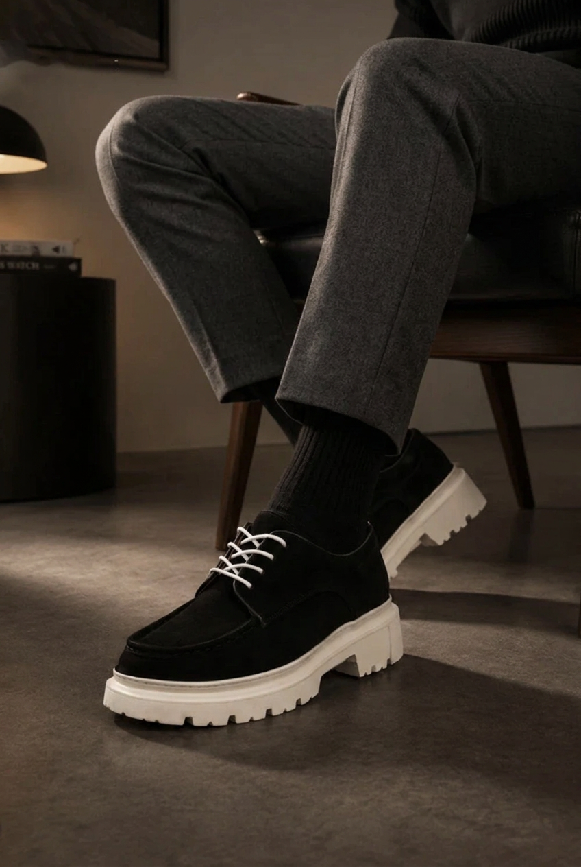 Chunky Suede Sneakers with Textured Sole – Black