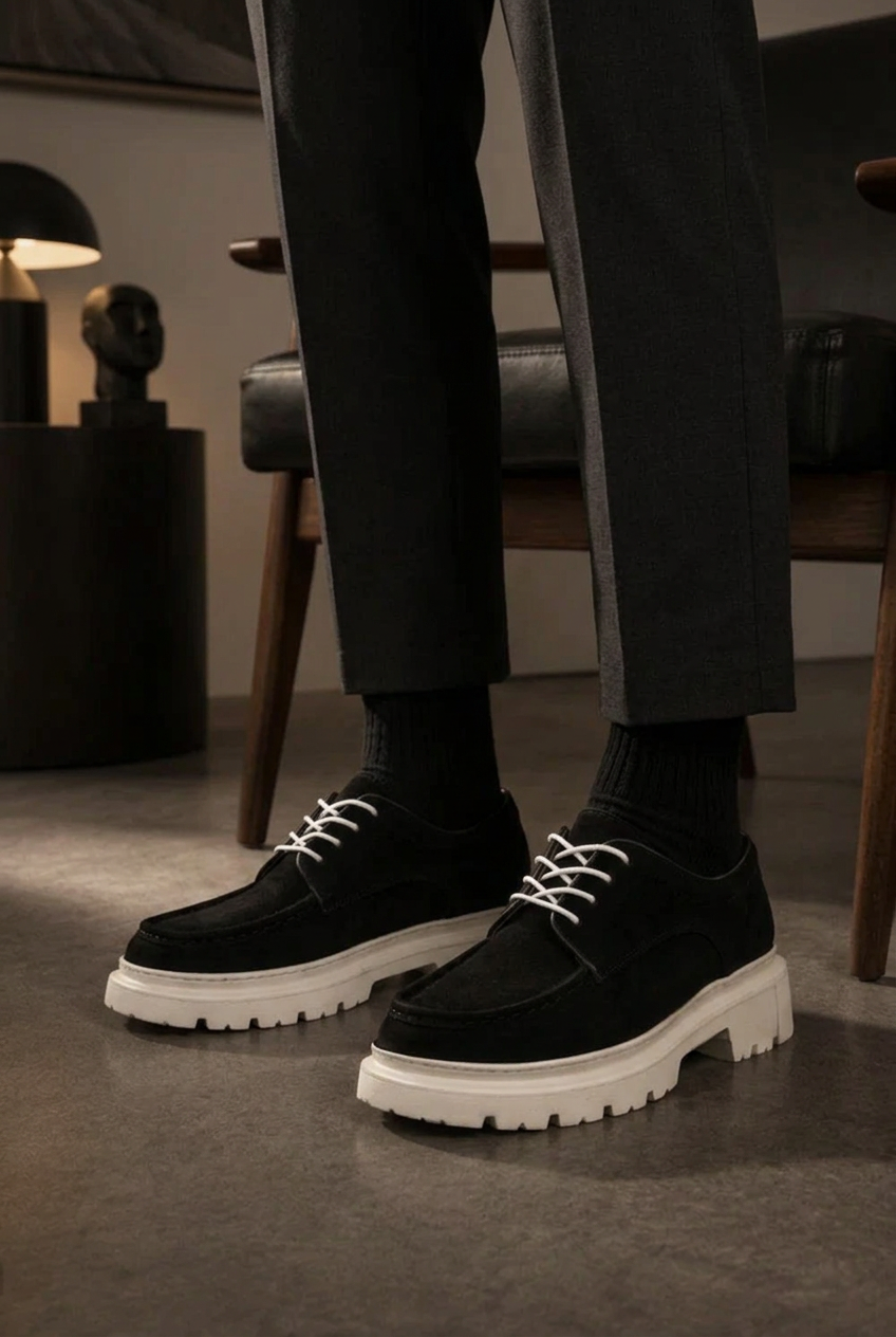 Chunky Suede Sneakers with Textured Sole – Black