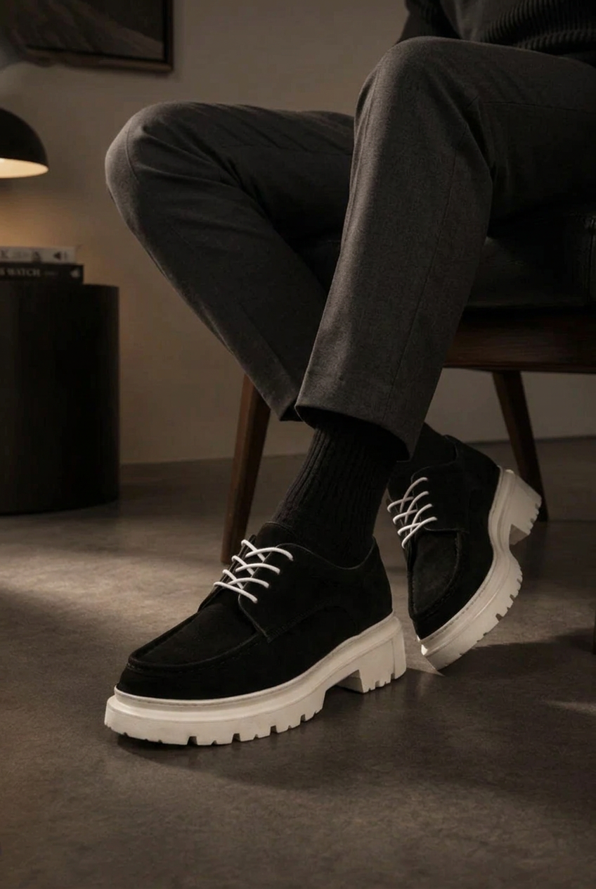 Chunky Suede Sneakers with Textured Sole – Black