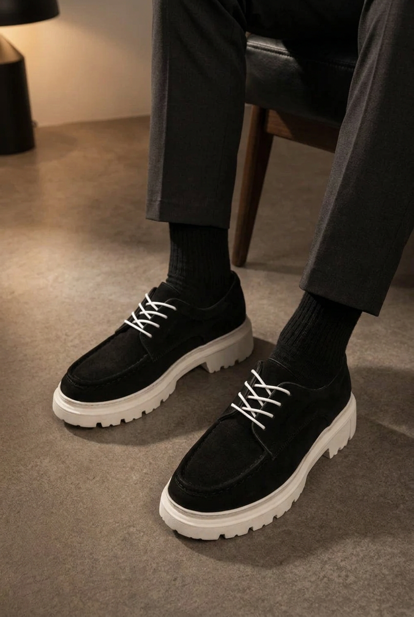 Chunky Suede Sneakers with Textured Sole – Black