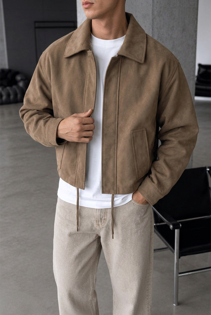 Τζάκετ Premium Suede Bomber Crop με Γιακά –  Καφέ