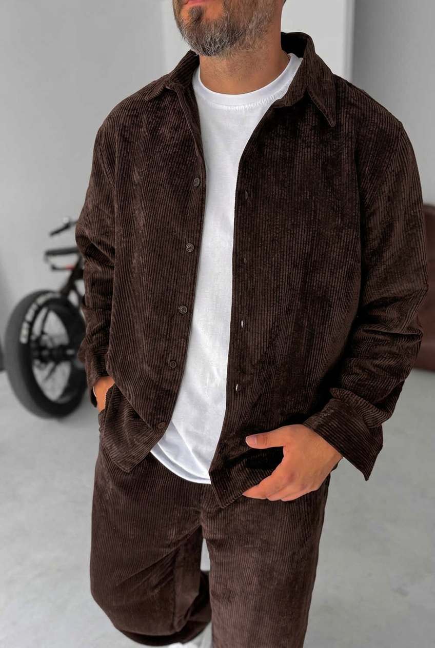 Ανδρικό Σετ Κοτλέ Oversized Πουκάμισο & Baggy Παντελόνι - Σκούρο Καφέ