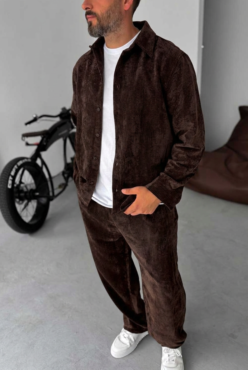 Ανδρικό Σετ Κοτλέ Oversized Πουκάμισο & Baggy Παντελόνι - Σκούρο Καφέ