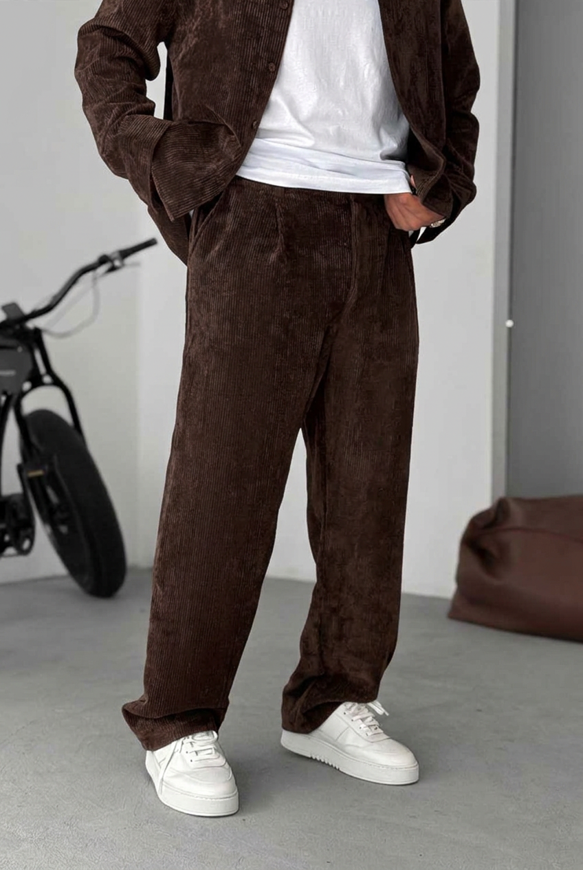 Ανδρικό Σετ Κοτλέ Oversized Πουκάμισο & Baggy Παντελόνι - Σκούρο Καφέ