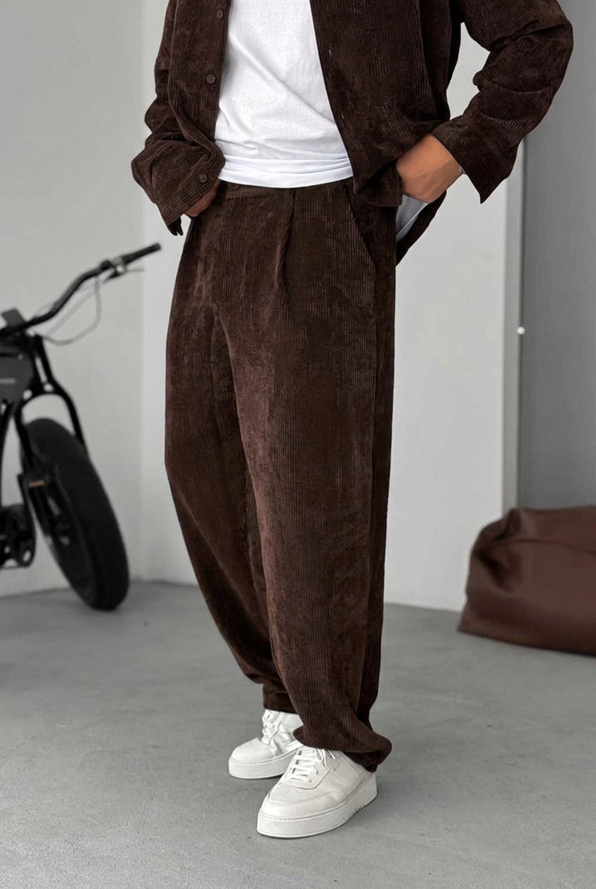 Ανδρικό Σετ Κοτλέ Oversized Πουκάμισο & Baggy Παντελόνι - Σκούρο Καφέ