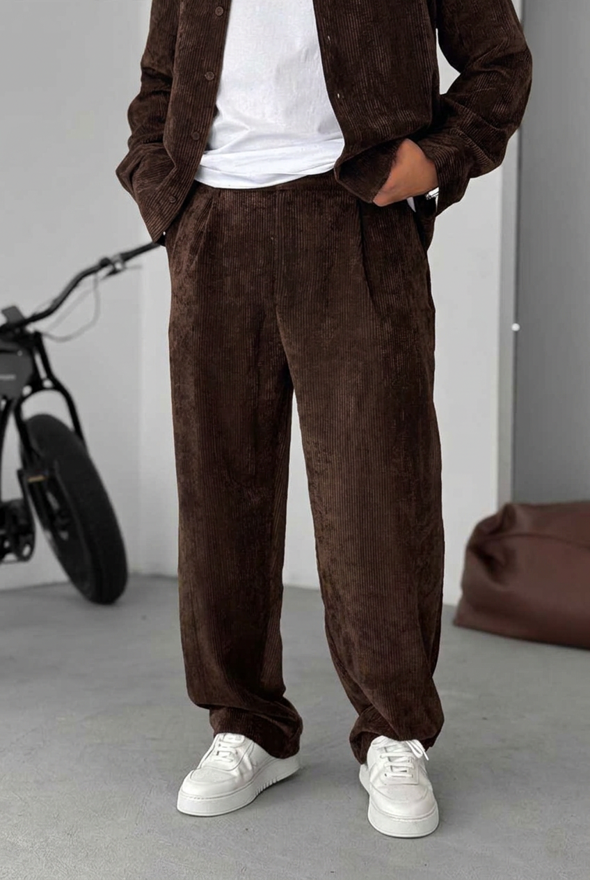 Ανδρικό Σετ Κοτλέ Oversized Πουκάμισο & Baggy Παντελόνι - Σκούρο Καφέ