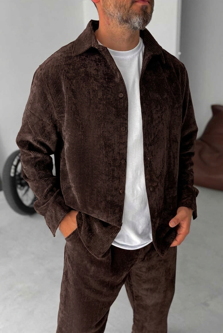 Ανδρικό Σετ Κοτλέ Oversized Πουκάμισο & Baggy Παντελόνι - Σκούρο Καφέ