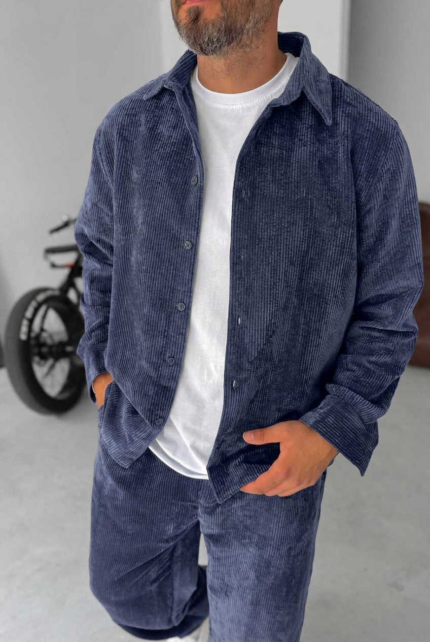 Ανδρικό Σετ Κοτλέ Oversized Πουκάμισο & Baggy Παντελόνι - Μπλε