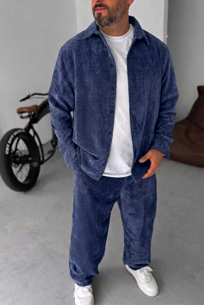 Ανδρικό Σετ Κοτλέ Oversized Πουκάμισο & Baggy Παντελόνι - Μπλε
