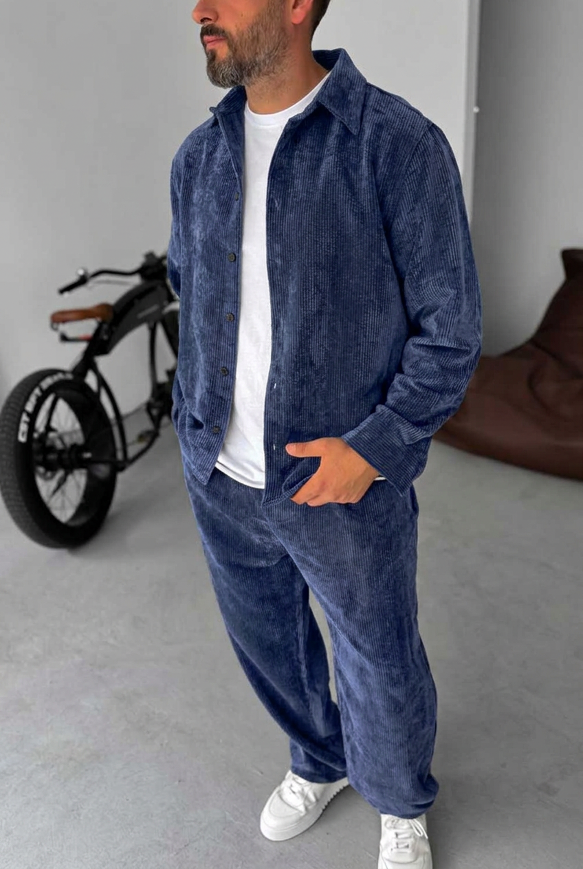 Ανδρικό Σετ Κοτλέ Oversized Πουκάμισο & Baggy Παντελόνι - Μπλε