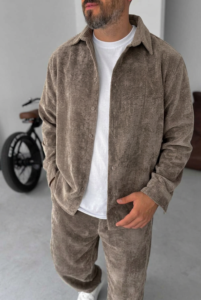 Ανδρικό Σετ Κοτλέ Oversized Πουκάμισο & Baggy Παντελόνι - Βιζόν
