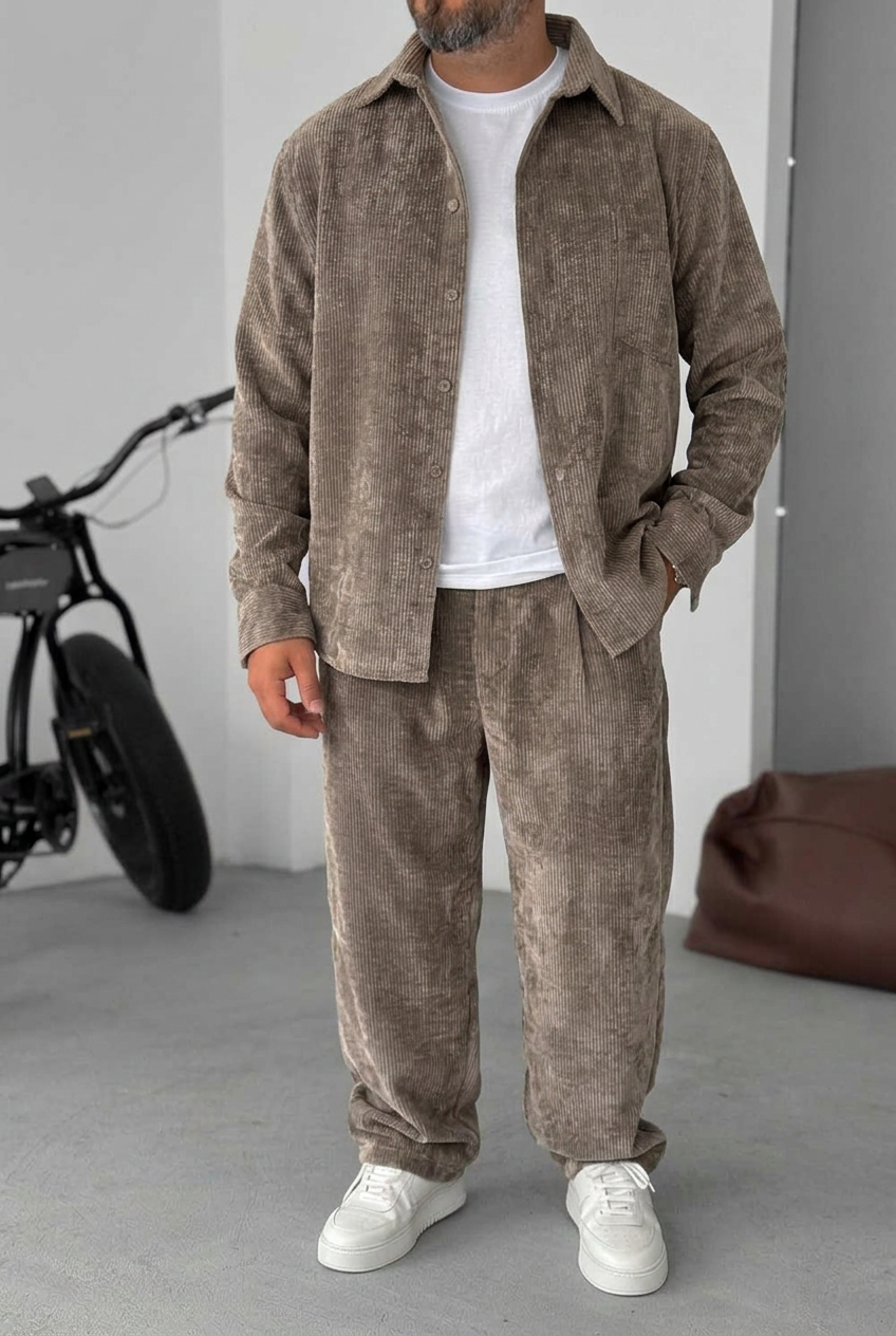 Ανδρικό Σετ Κοτλέ Oversized Πουκάμισο & Baggy Παντελόνι - Βιζόν