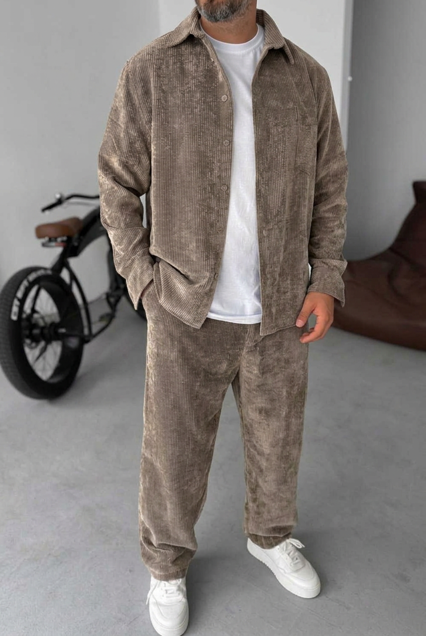 Ανδρικό Σετ Κοτλέ Oversized Πουκάμισο & Baggy Παντελόνι - Βιζόν
