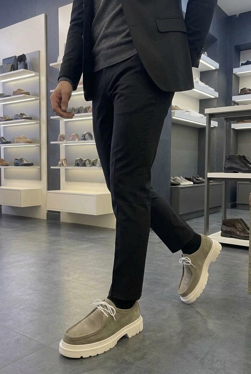 Chunky Suede Sneakers with Textured Sole – Olive