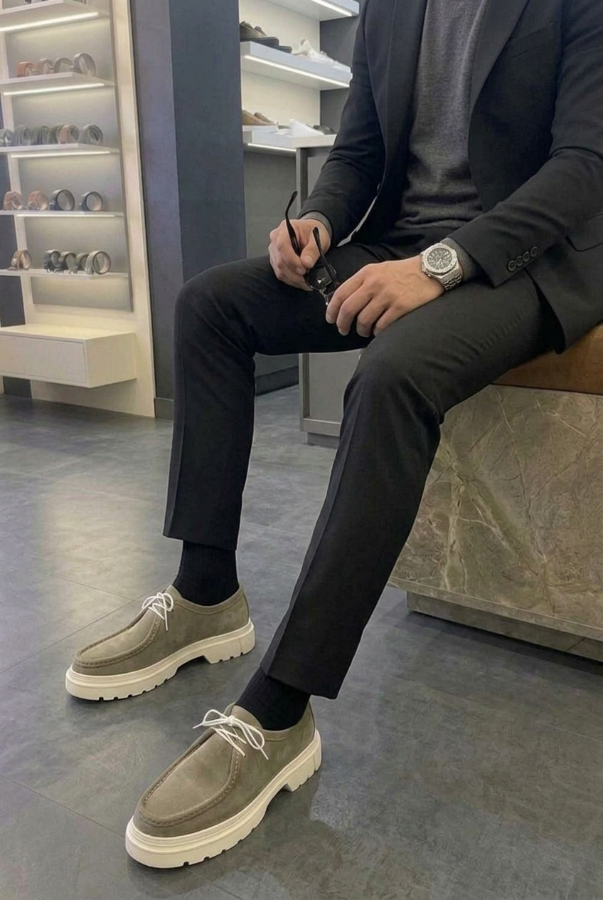 Chunky Suede Sneakers with Textured Sole – Olive