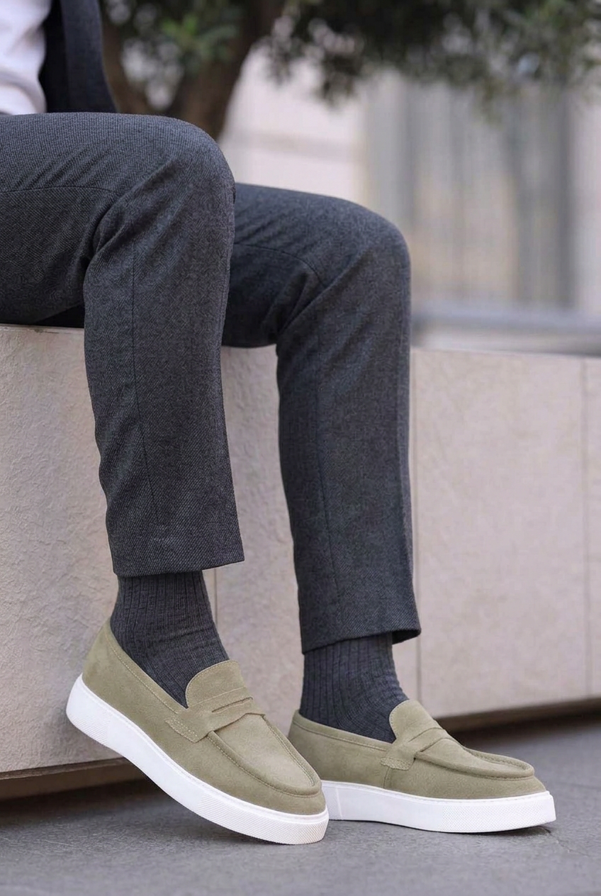 Suede Loafers with White Sole – Olive