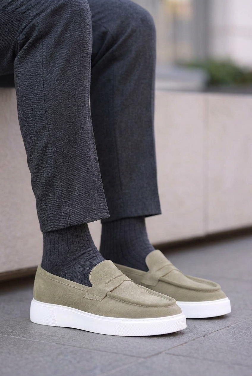 Suede Loafers with White Sole – Olive