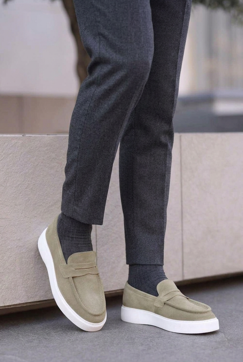 Suede Loafers with White Sole – Olive