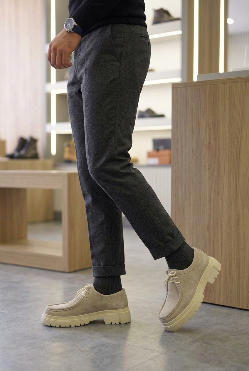 Chunky Suede Sneakers with Textured Sole – Beige