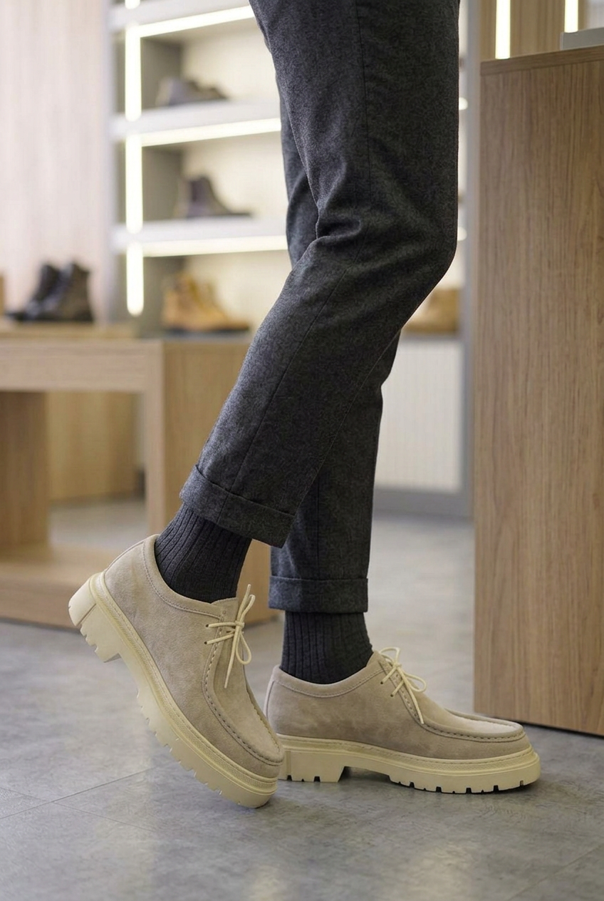 Chunky Suede Sneakers with Textured Sole – Beige