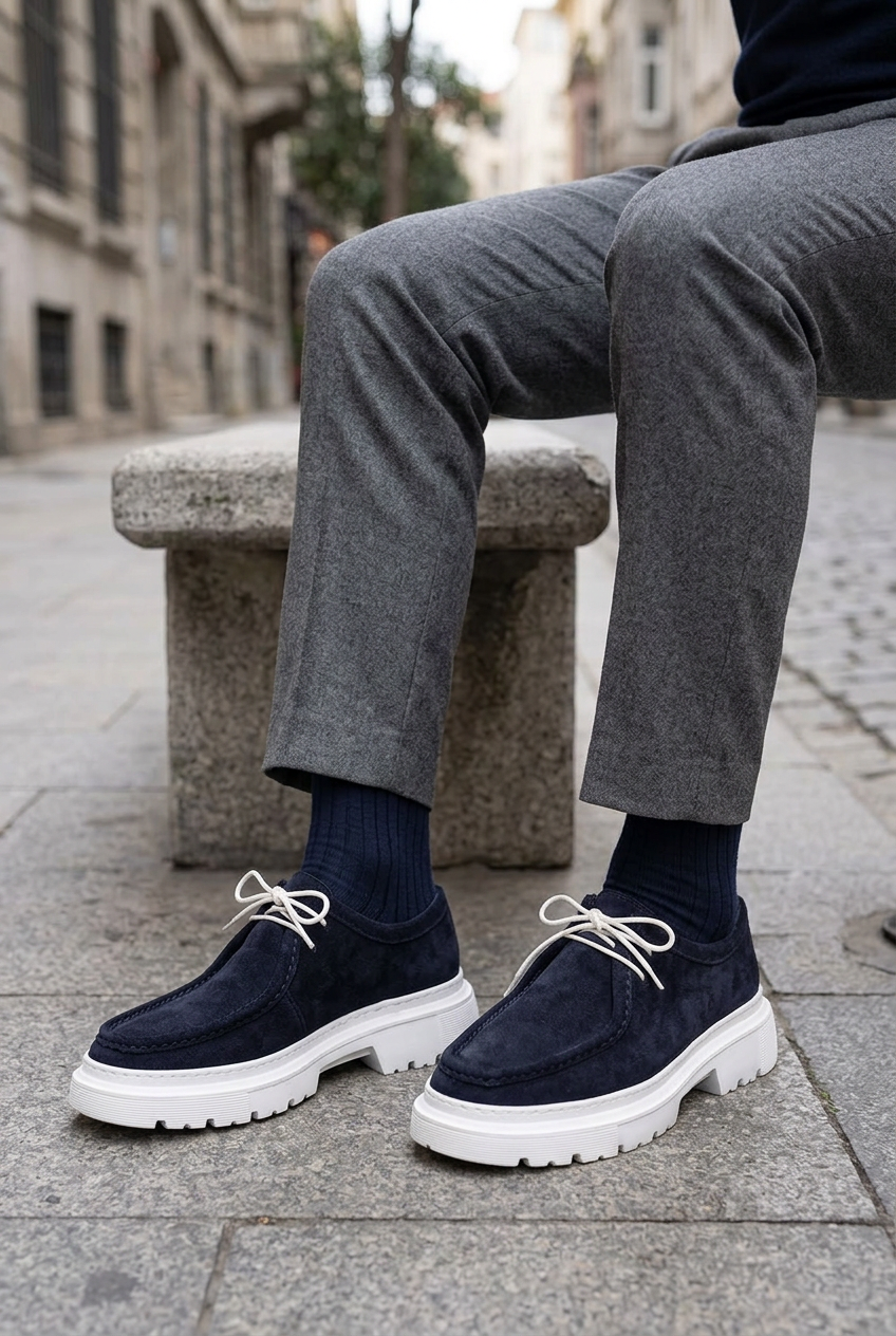 Chunky Suede Sneakers with Textured Sole – Blue