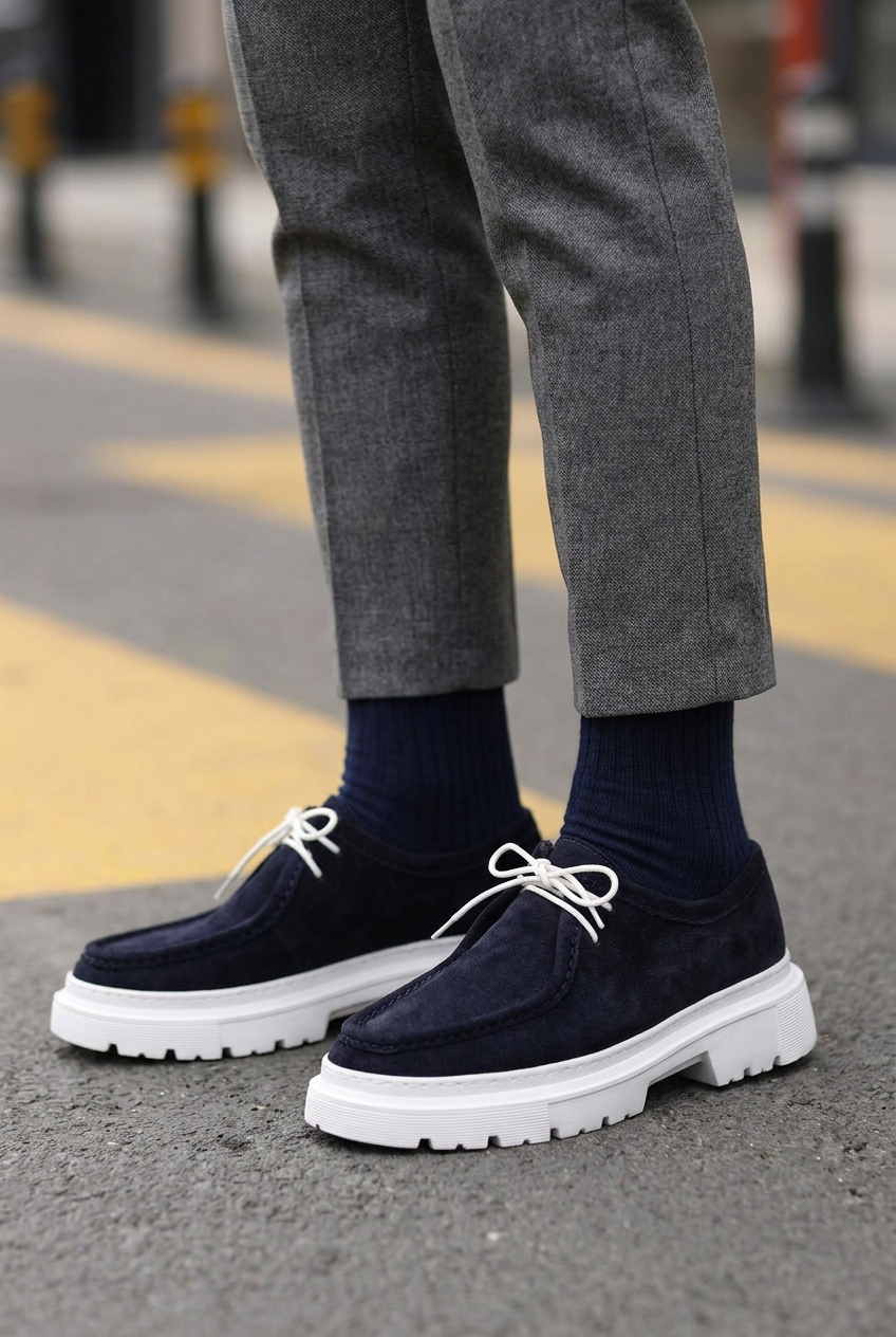 Chunky Suede Sneakers with Textured Sole – Blue