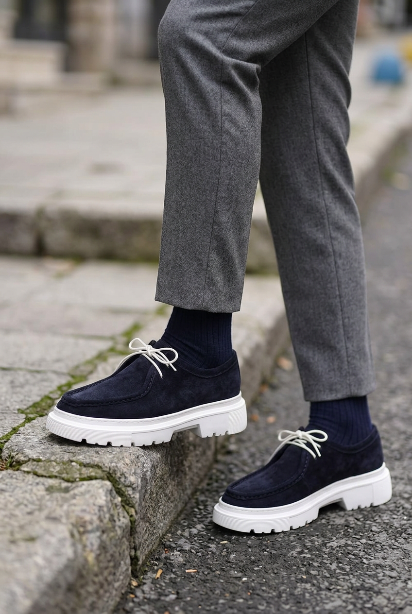 Chunky Suede Sneakers with Textured Sole – Blue